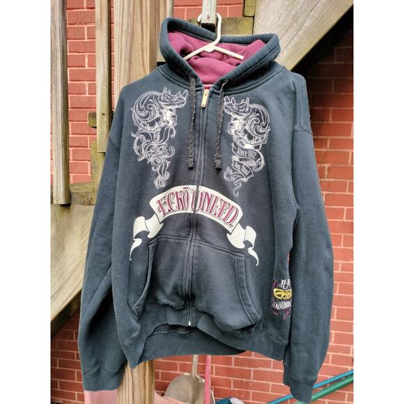 Ecko Unltd Vintage Y2K Hoodie Embroidered Skater Cyber Mall Goth XL Graffiti - Picture 2 of 10